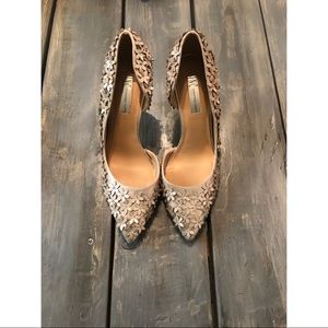 🆕 Elegant Silver Gold Shimmer Floral Flower Heels